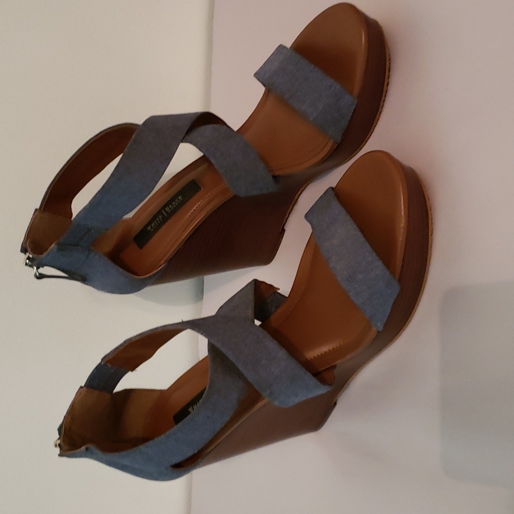 White House Black Market denim shoes.  Size 9.  4 I/2in wedge heels. Like new